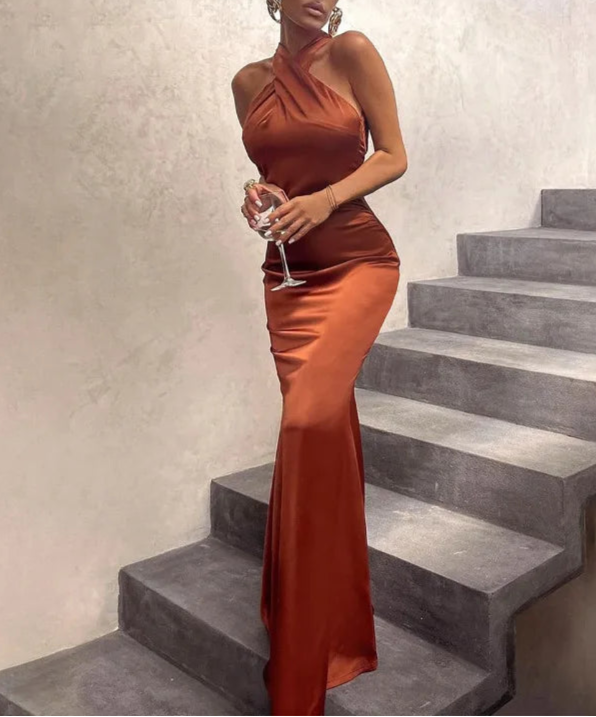 Vestido longo sereia com gola drapeada AB908