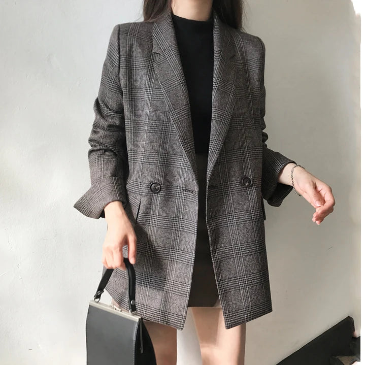 Blazer feminino xadrez oversized com lapela AB632