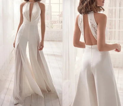 Macacão Longo com Fendas Fluidas e Decote Halter AB814