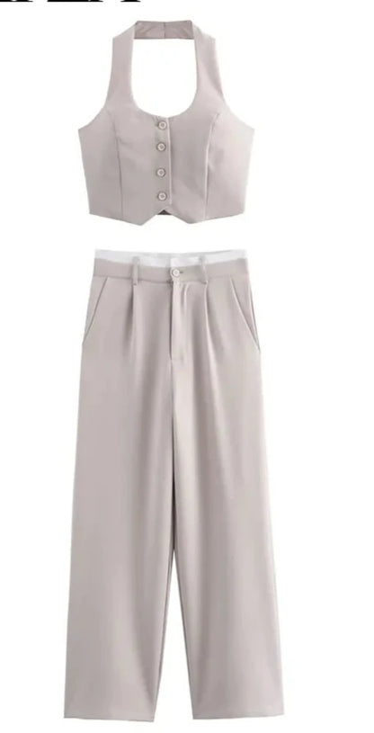 Conjunto Top cropped com alças e calça de alfaiataria AB713