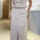 Conjunto de top com aplique floral e saia maxi com fenda AB468
