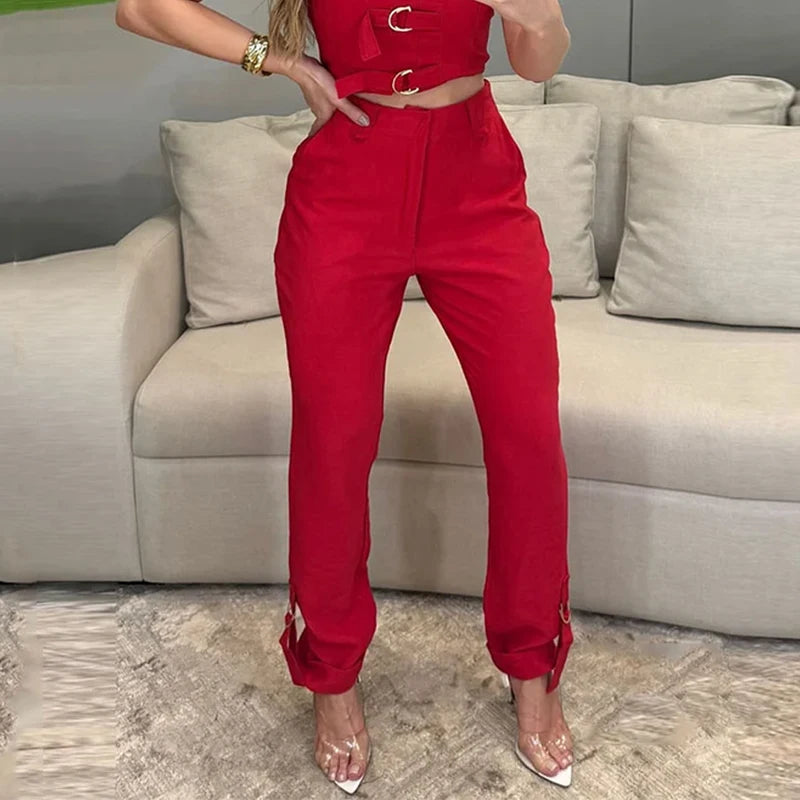 Conjunto Cropped com Fivelas e Calça Reta Ajustável AB842