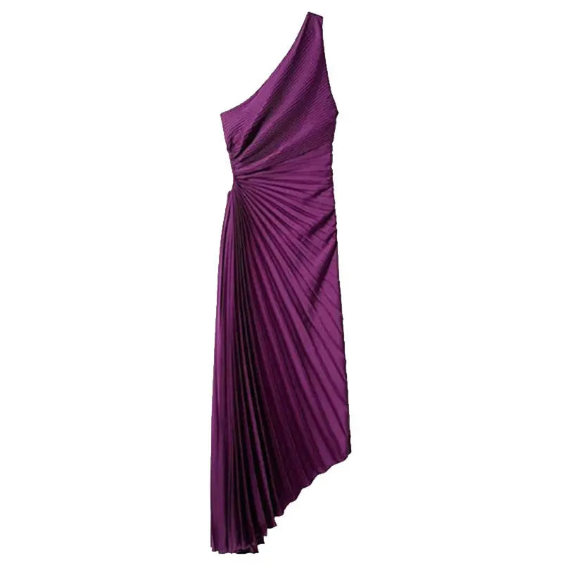 Vestido assimétrico plissado ombro só e argola na cintura AB270