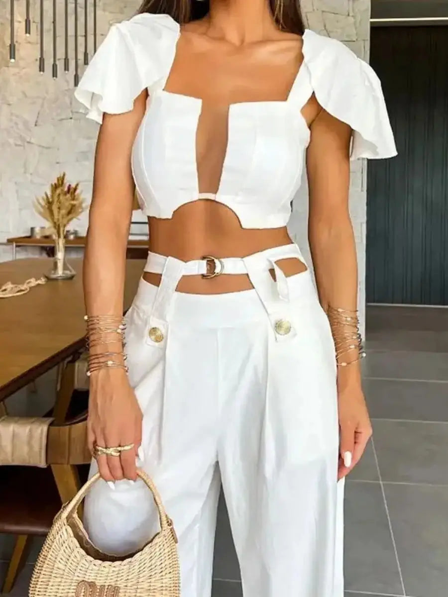 Conjunto calça cinto faixa alto e cropped com recortes AB407