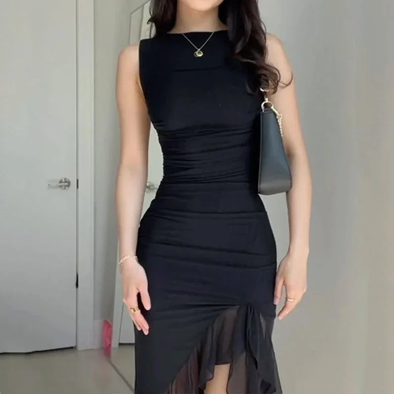 Vestido midi com drapeado e barra assimétrica AB925