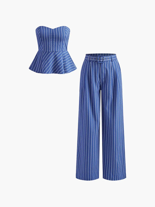 Conjunto Alfaiataria Listrado com Blusa Peplum e Calça AB849
