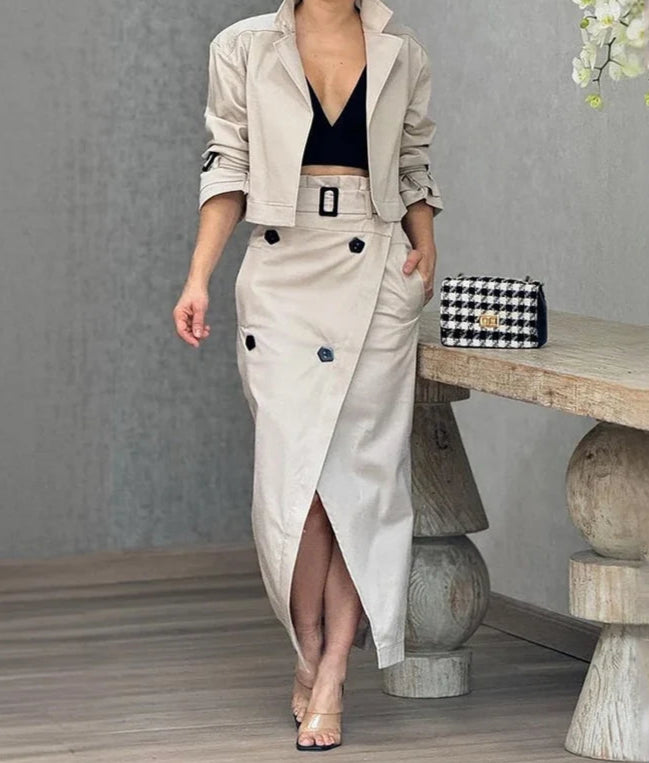 Conjunto Jaqueta Cropped com Saia Transpassada AB838