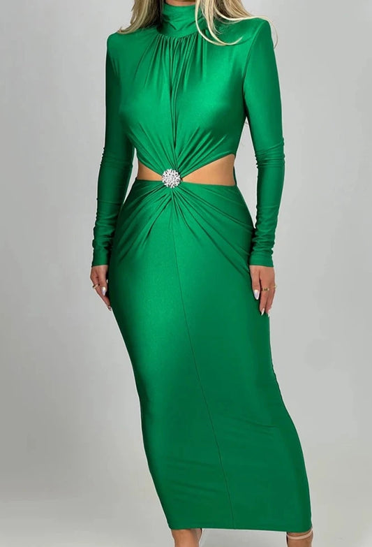 Vestido midi com gola alta e detalhe franzido central AB245