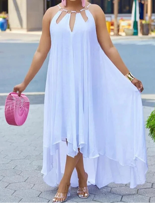 Vestido longo assimétrico com detalhe metálico na gola AB917