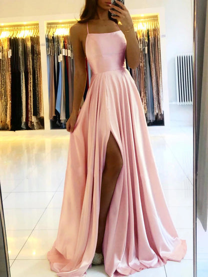 Vestido longo de alças finas com fenda e saia volumosa AB914