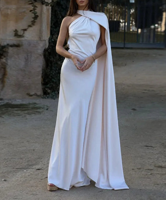 Vestido Longo de Um Ombro Só com Capa Fluída AB906