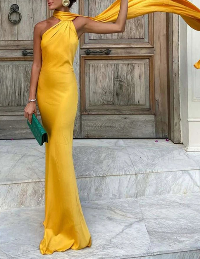 Vestido Longo de Um Ombro Só com Capa Fluída AB906