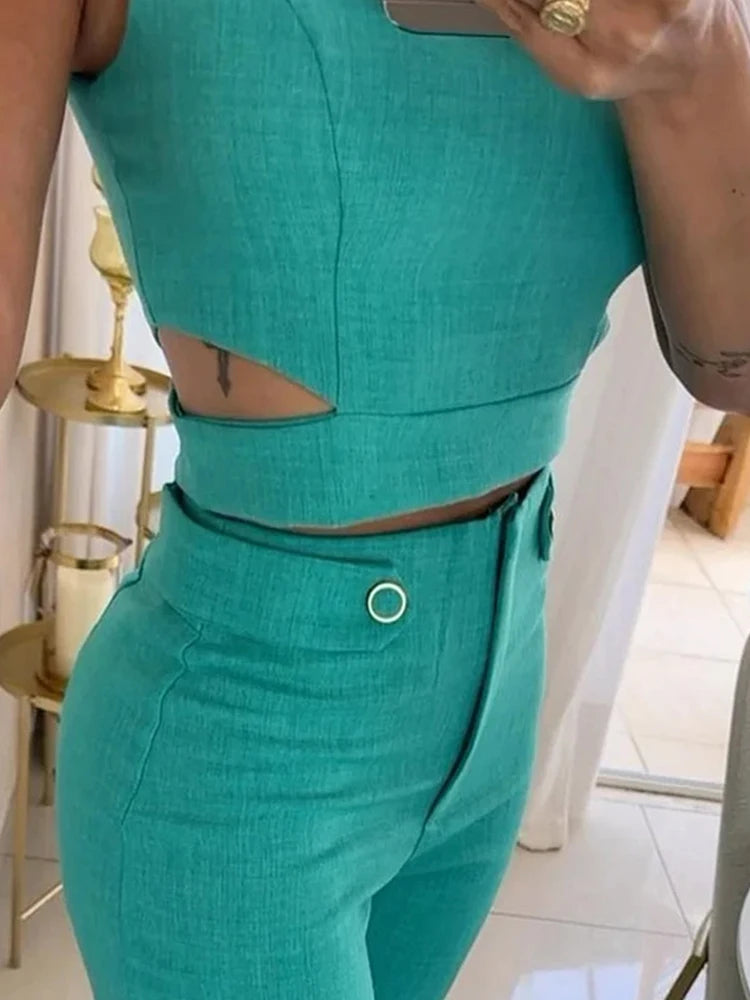 Conjunto calça pantalona e blusa com recortes AB409