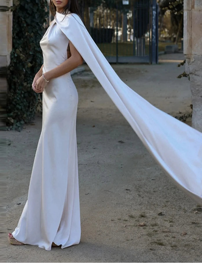 Vestido Longo de Um Ombro Só com Capa Fluída AB906