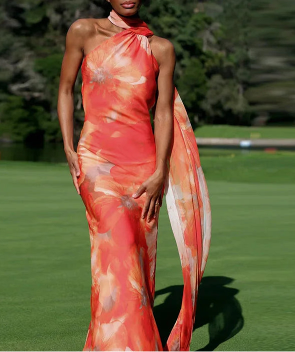 Vestido Longo de Um Ombro Só com Capa Fluída AB906