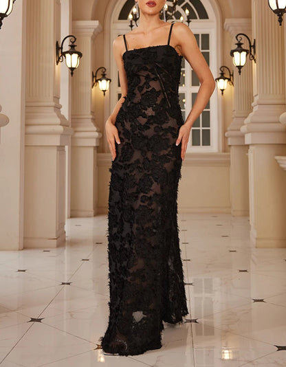 Vestido longo de renda e alças finas AB912