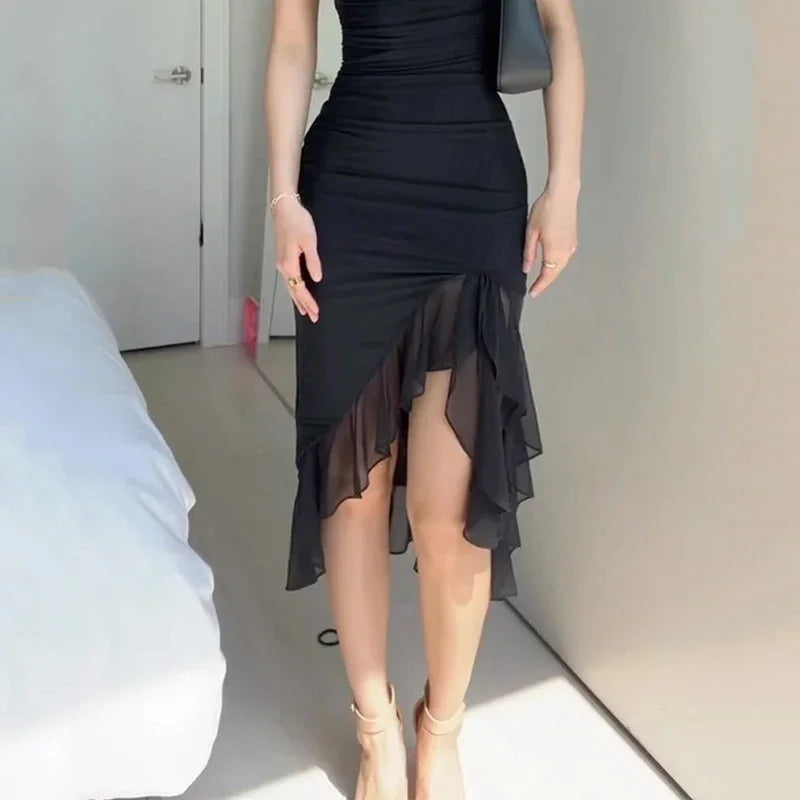 Vestido midi com drapeado e barra assimétrica AB925