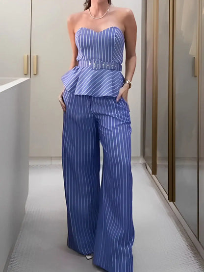 Conjunto Alfaiataria Listrado com Blusa Peplum e Calça AB849