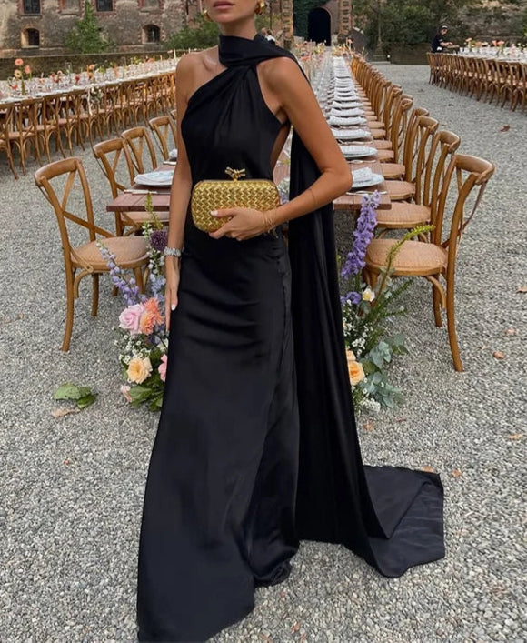 Vestido Longo de Um Ombro Só com Capa Fluída AB906